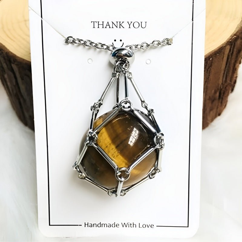 Gold women's crystal holder necklace. Interchangeable gemstone pendant for healing crystals & spiritual jewelry.