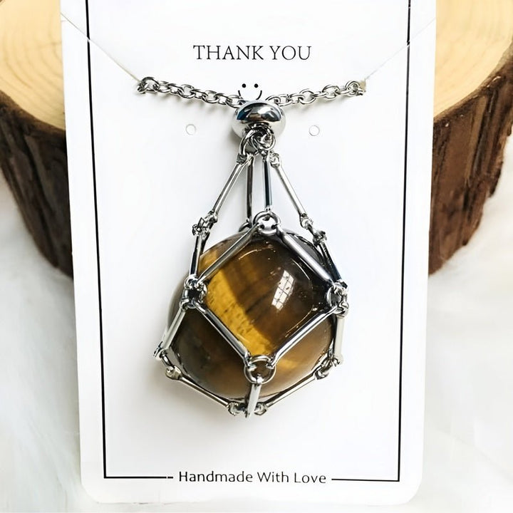 Gold women's crystal holder necklace. Interchangeable gemstone pendant for healing crystals & spiritual jewelry.