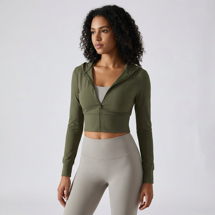 Sporty women's athletic slim-fit Iris green hooded training jacket with zipper