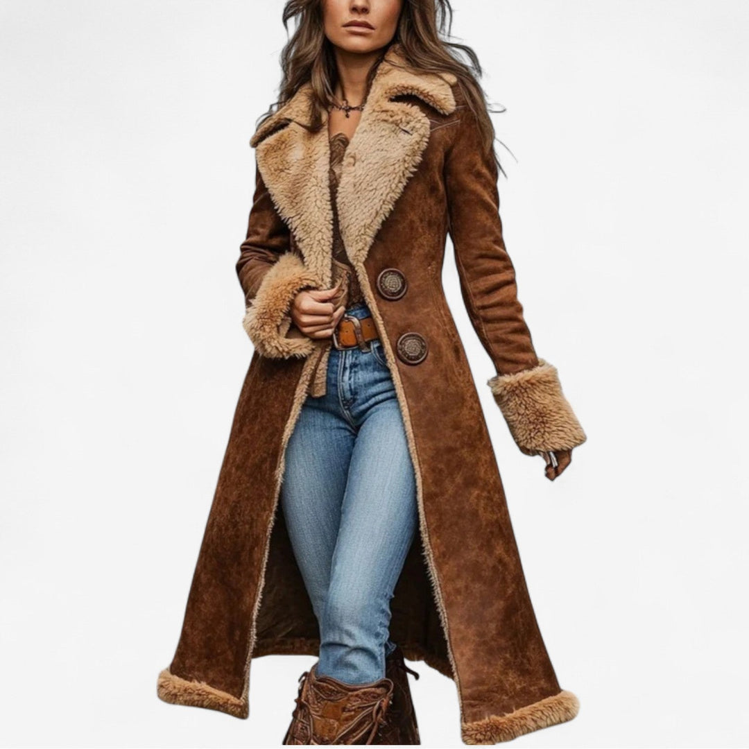 Women's Isabella elegant long winter coat, tailored for sophisticated style, a warm fashion jacket for cold weather.