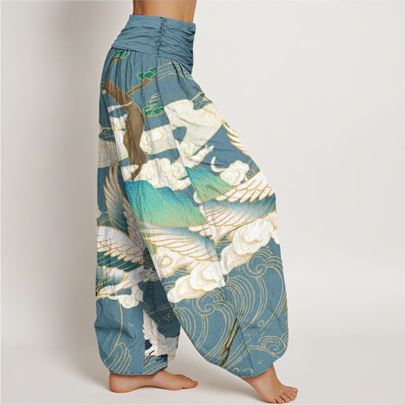 Elegant Japanese crane art print on women's relaxed fit harem pants, perfect for unique spring/summer fashion.