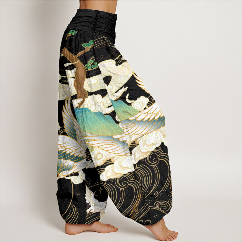 Unique women's Japanese crane art print harem trousers. Comfortable, relaxed fit pants for a stylish statement.
