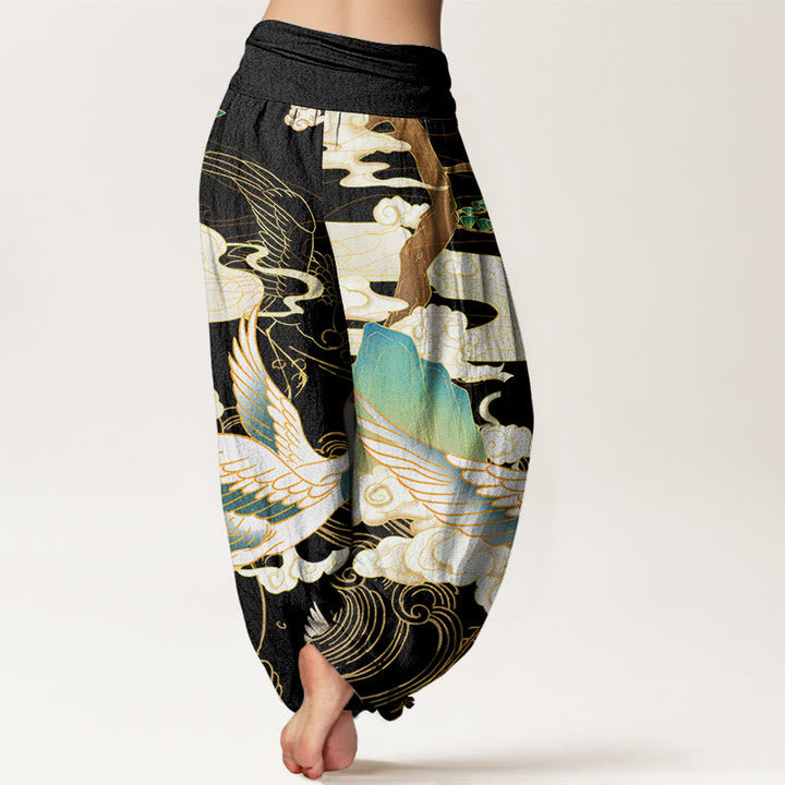 Bohemian women's wide leg harem trousers with an eye-catching Japanese crane art print, ideal for summer fashion.