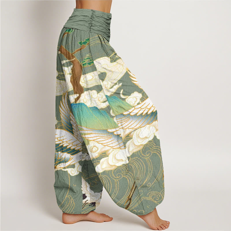 Women's fashion harem pants featuring a beautiful Japanese crane art print. Relaxed fit for casual, unique style.