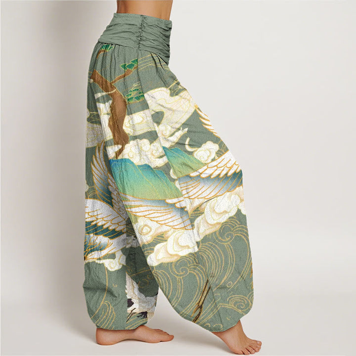 Women's fashion harem pants featuring a beautiful Japanese crane art print. Relaxed fit for casual, unique style.
