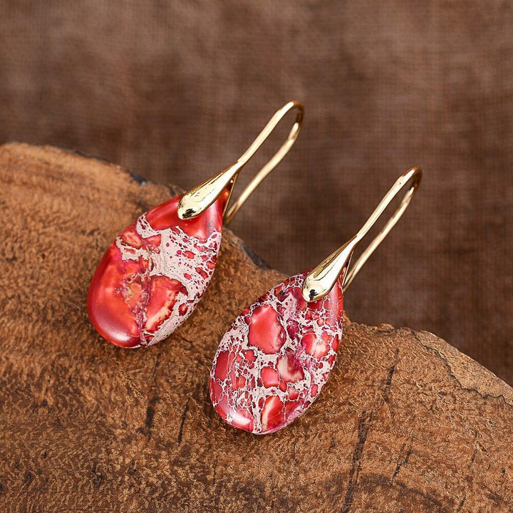 Close-up of Nyssa's Jasper Dream Earrings, unique healing crystal jewelry for women, fashion statement