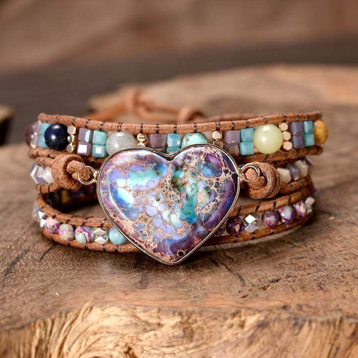 Women's Jasper Heart Wrap Bracelet, boho style, natural gemstone jewelry