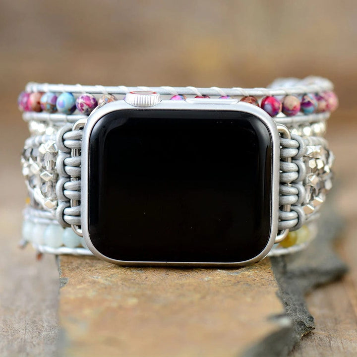 Women's jasper stone wrap band for Apple Watch. Handmade boho style natural stone smartwatch strap, a fashionable accessory.