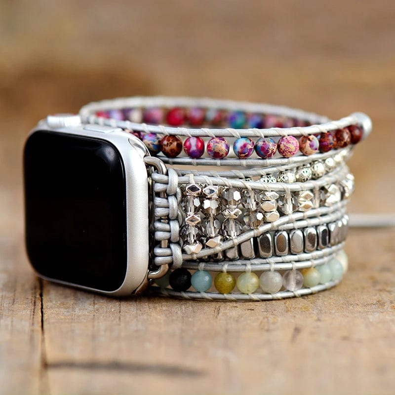 Boho women's jasper stone wrap band for Apple Watch. Handmade natural stone bracelet, stylish smartwatch strap.
