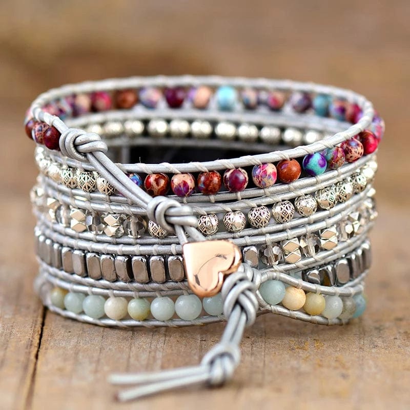 Stylish women's jasper stone wrap band for Apple Watch. Natural stone & handmade boho strap, a unique fashion accessory.