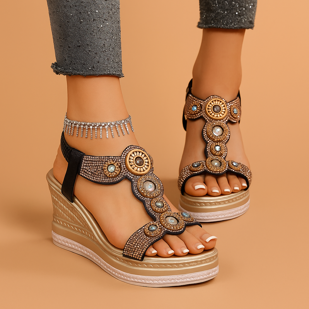 Women's jeweled wedge platform sandals with cushioned comfort, ideal for summer styling.
