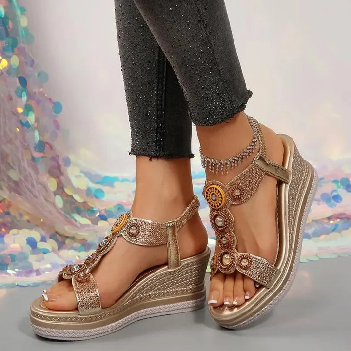 Elegant women's jeweled platform wedge sandals, designed for both style and cushioned foot comfort.