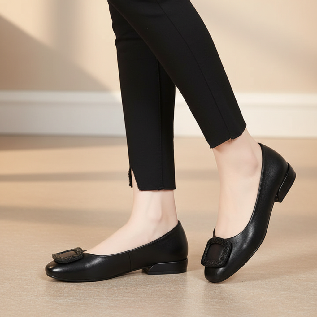 Women's Josephine orthopedic comfort flats with heel, black leather, arch support, pain relief