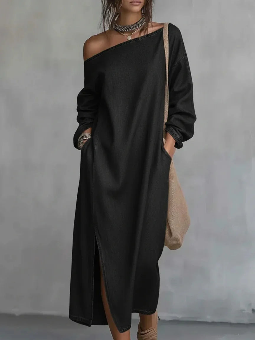Oversized fit Kaylee one-shoulder sleeveless maxi dress, ideal as a comfortable flowy summer beach dress.