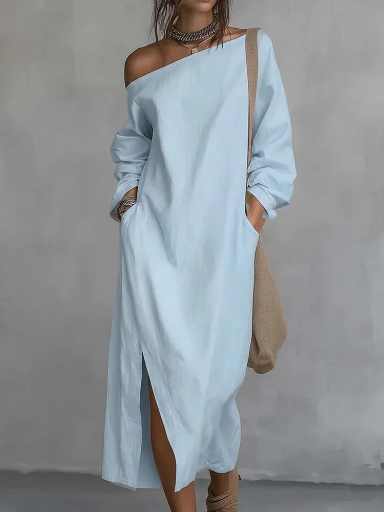 Elegant one-shoulder flowy maxi dress for women, great as a versatile summer, beach, or vacation casual dress.