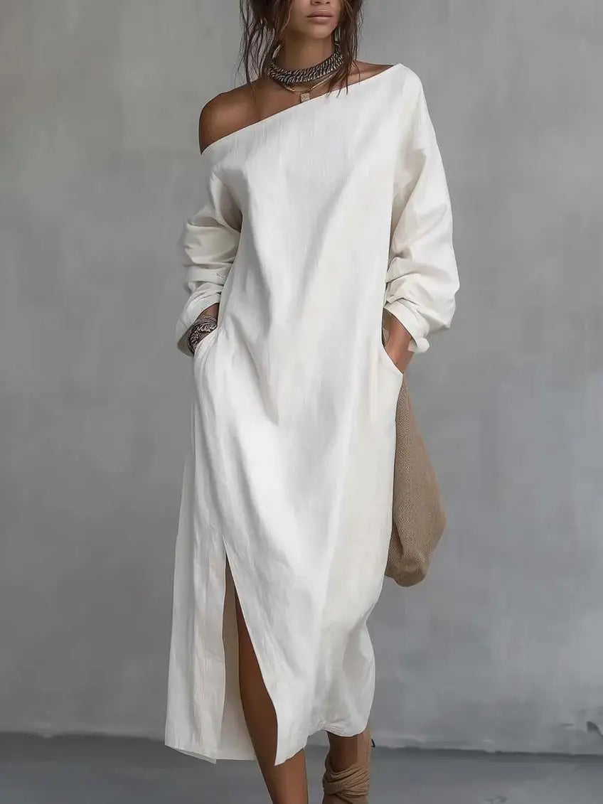 Lightweight Kaylee one-shoulder flowy maxi dress for women, a stylish and comfortable summer beach vacation dress.