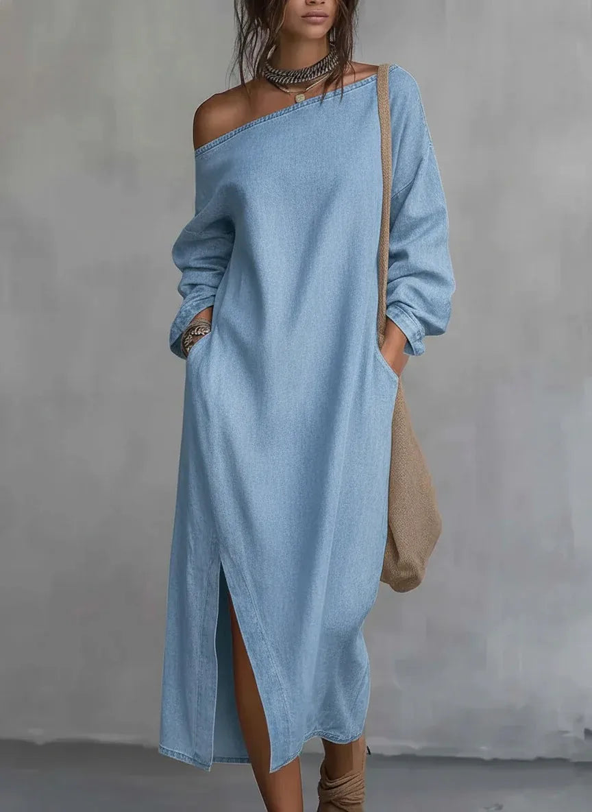 Casual Kaylee one-shoulder sleeveless maxi dress, offering an oversized flowy fit perfect for summer and beach days.