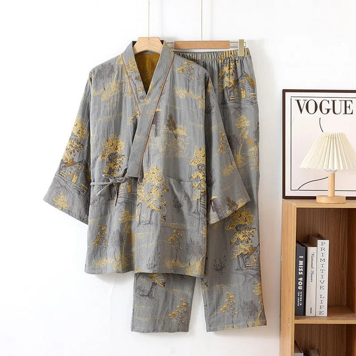 Relaxed fit women's two-piece kimono loungewear. Featuring a vibrant artistic watercolor pattern.