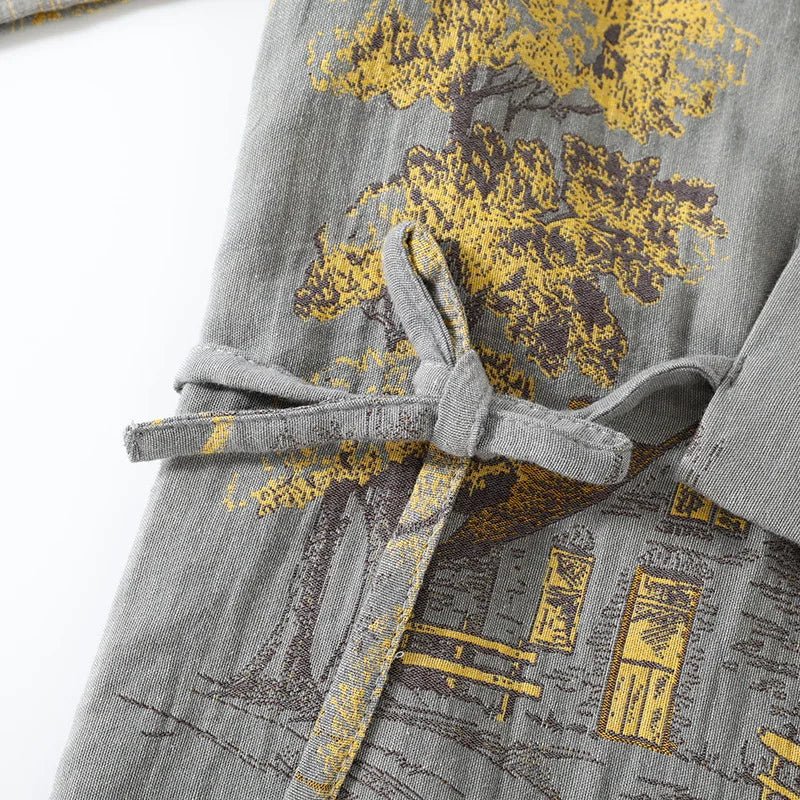 Artistic watercolor print women's pajama set. Kimono top and matching pants for stylish home wear.