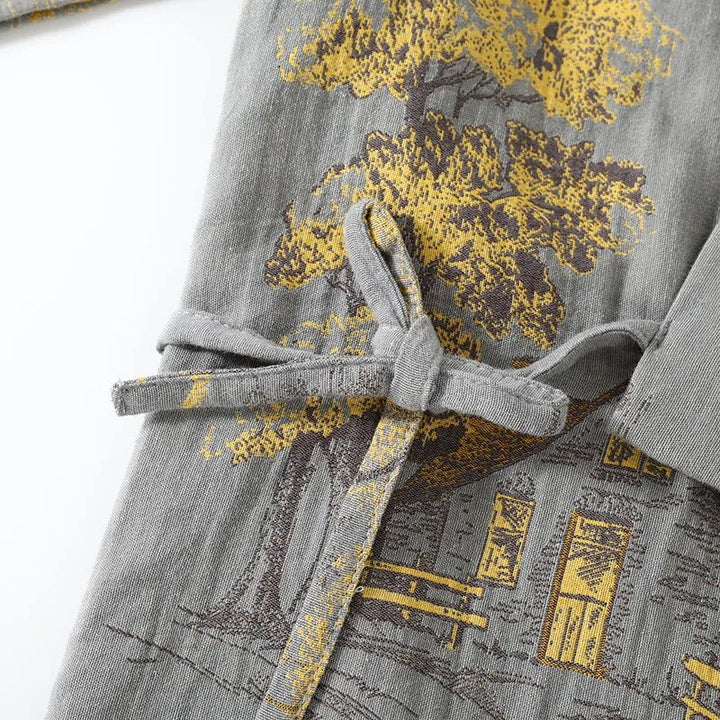 Artistic watercolor print women's pajama set. Kimono top and matching pants for stylish home wear.