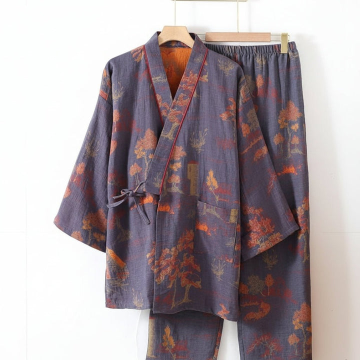 Two-piece women's loungewear set. Kimono top & pants featuring a gorgeous artistic watercolor design.