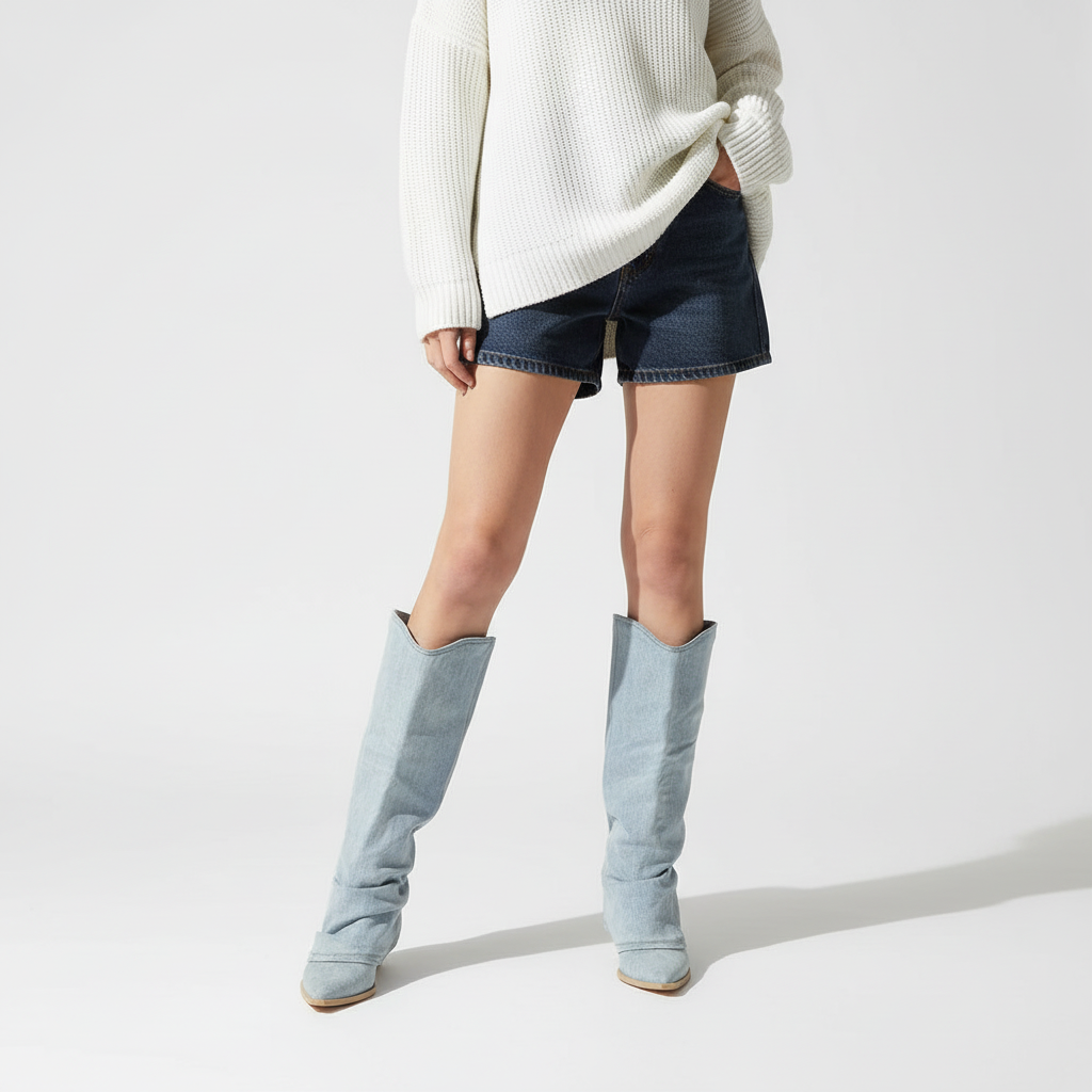 Stylish women's knee-high fashion boots in denim, perfect for winter, comfortable fit