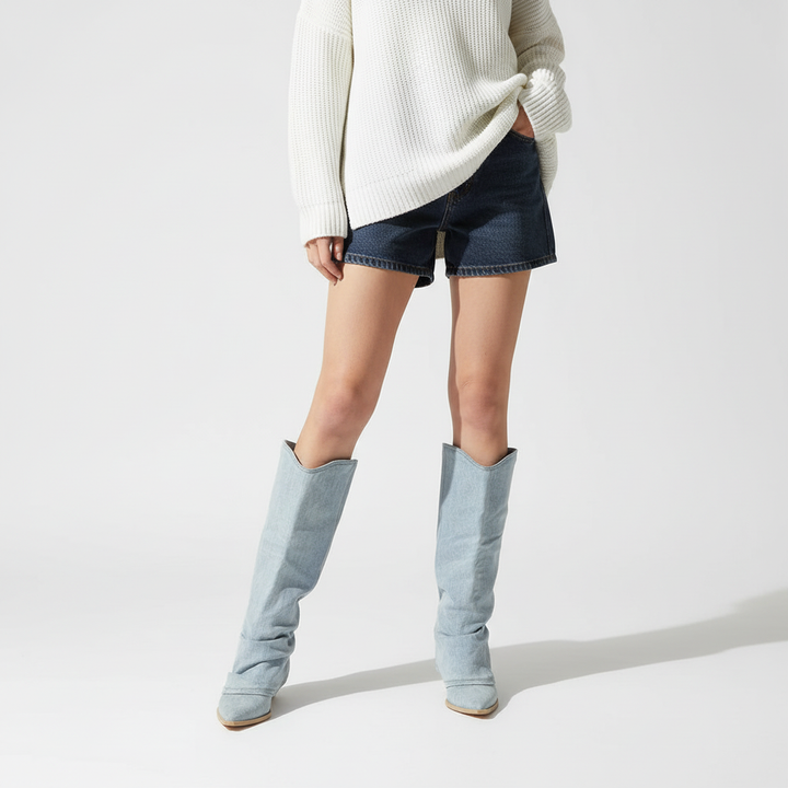 Stylish women's knee-high fashion boots in denim, perfect for winter, comfortable fit