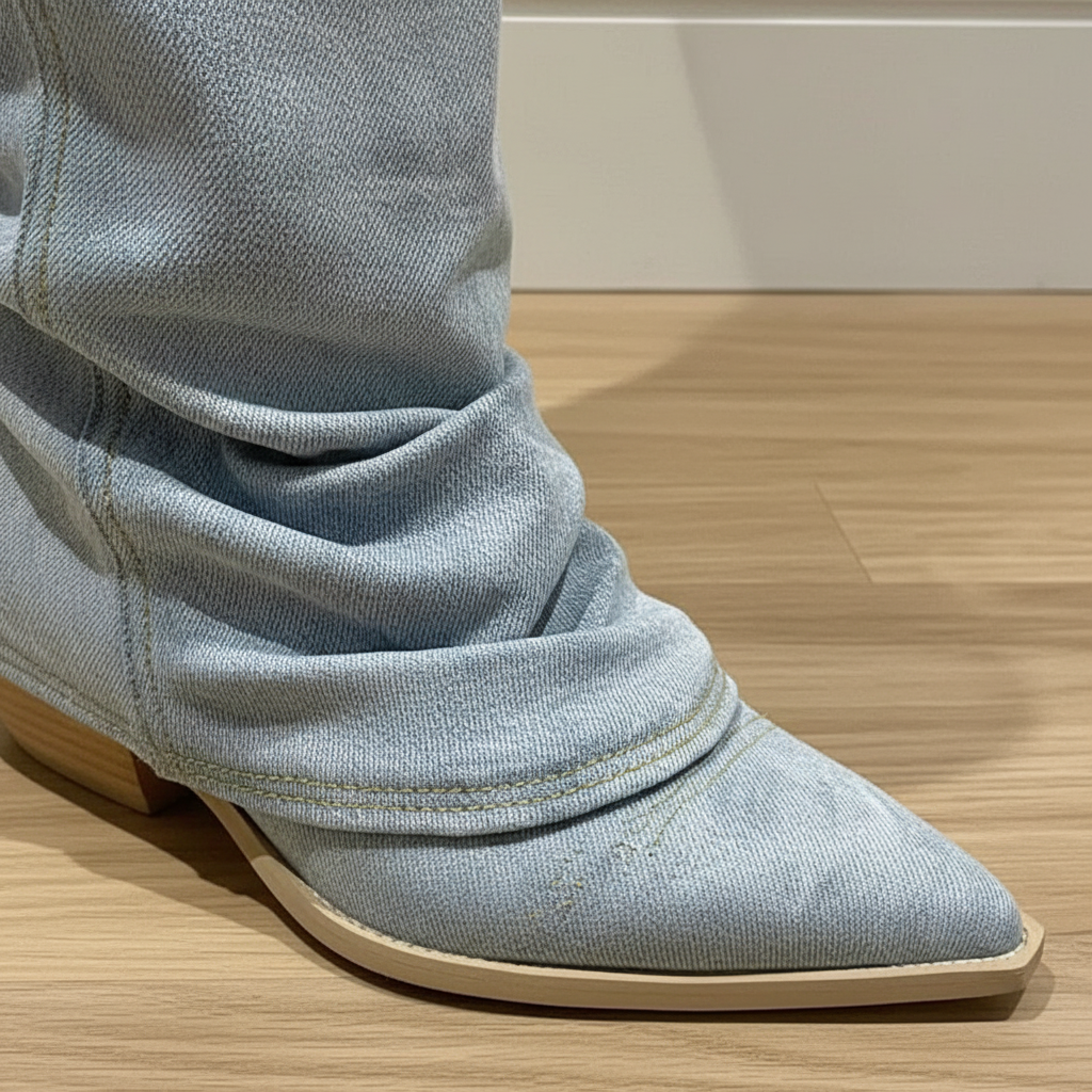 Close-up of women's denim style knee-high boots, showcasing texture & anti-slip sole