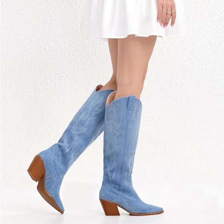 Women's knee-high embroidered suede & faux leather cowboy boots with western stitching