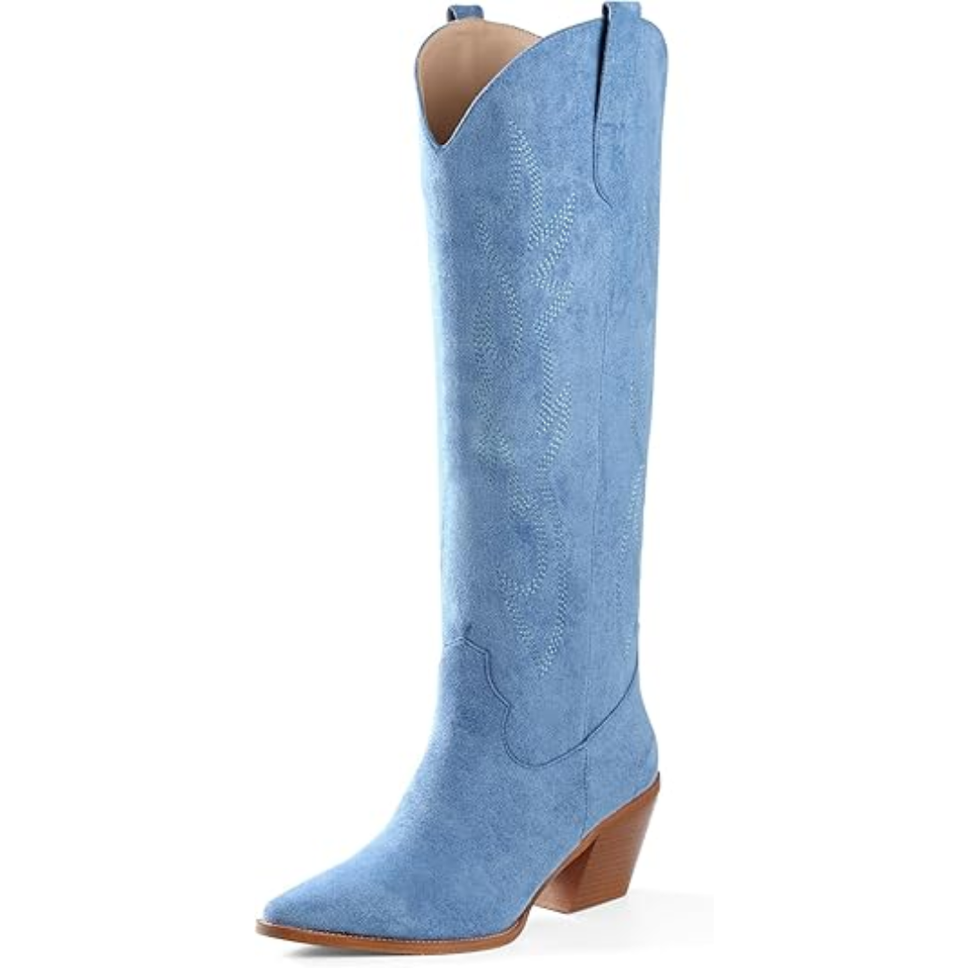 A pair of women's knee-high cowboy boots with rich embroidery, combining suede and faux leather