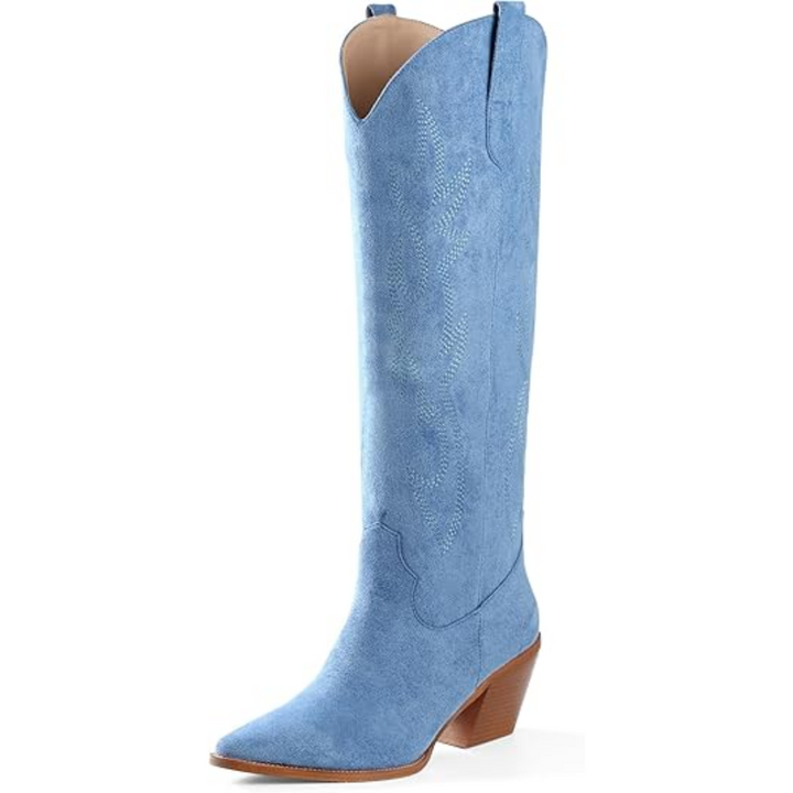 A pair of women's knee-high cowboy boots with rich embroidery, combining suede and faux leather
