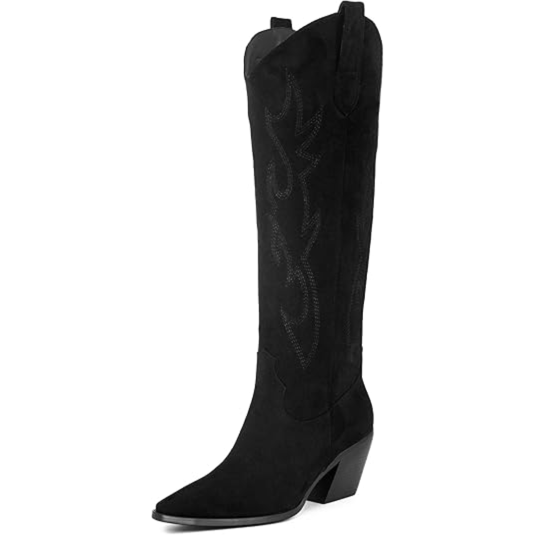 Mary knee-high boots: women's embroidered cowboy style in durable suede and stylish faux leather