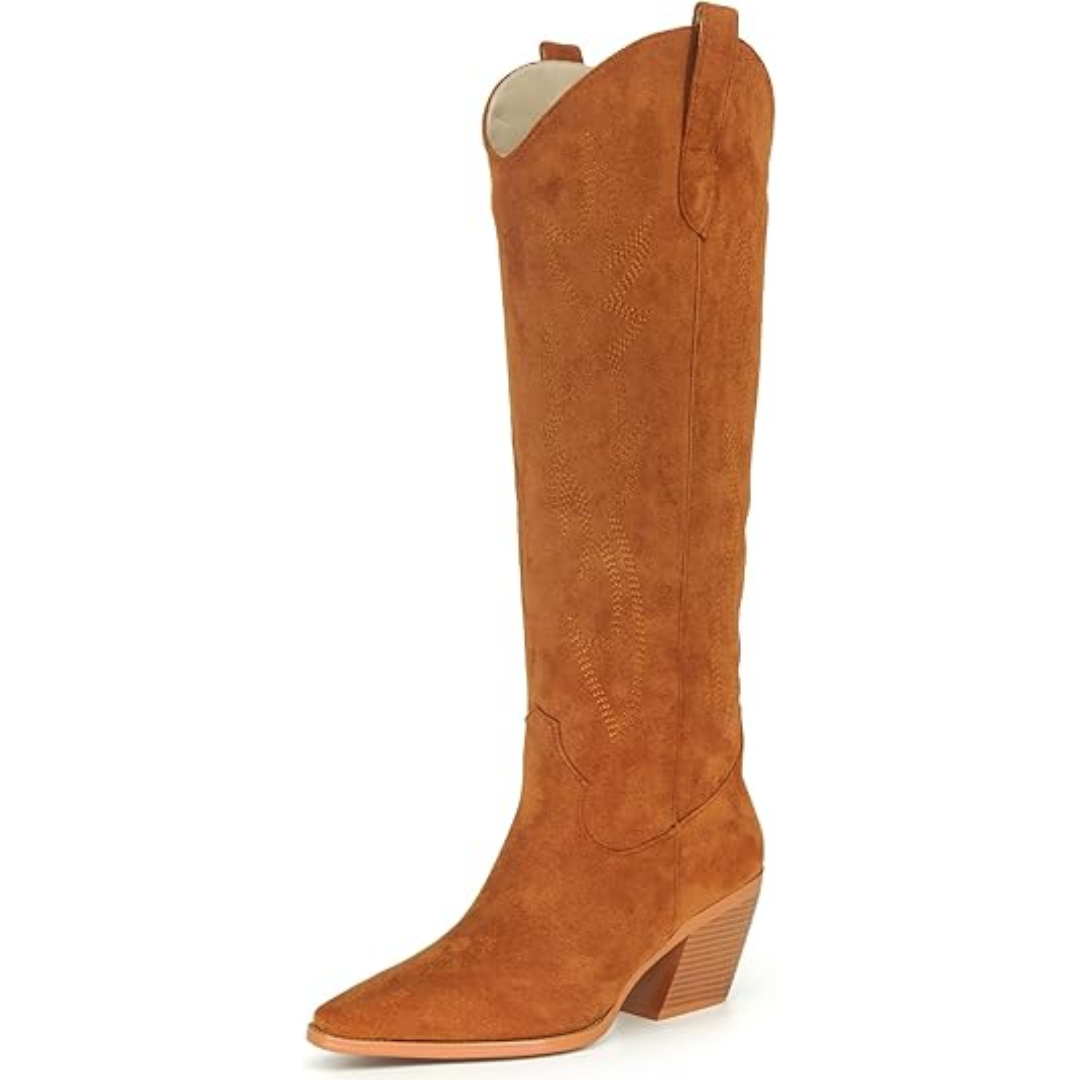 Western style knee-high boots for women, featuring intricate embroidery on suede material