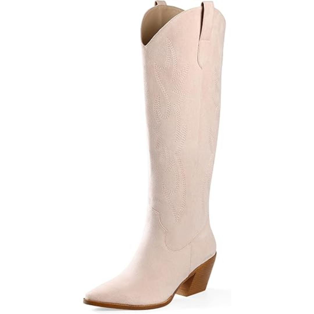 Fashionable women's knee-high cowboy boots with a comfortable block heel and pointed toe