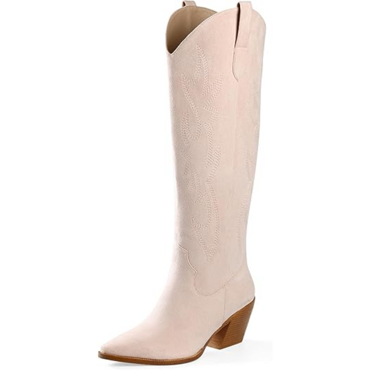 Fashionable women's knee-high cowboy boots with a comfortable block heel and pointed toe