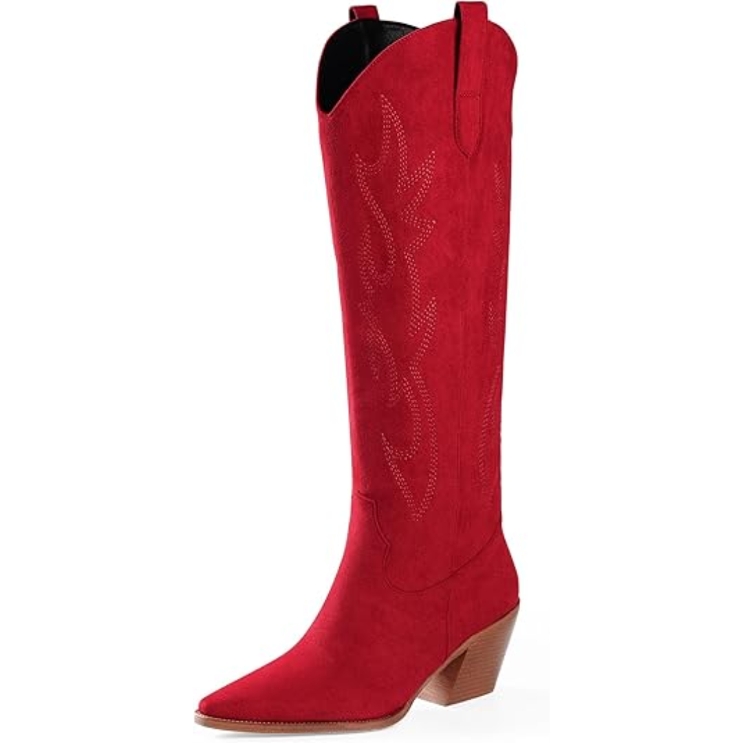 Close-up of the elegant embroidery on women's knee-high suede and faux leather cowboy boots