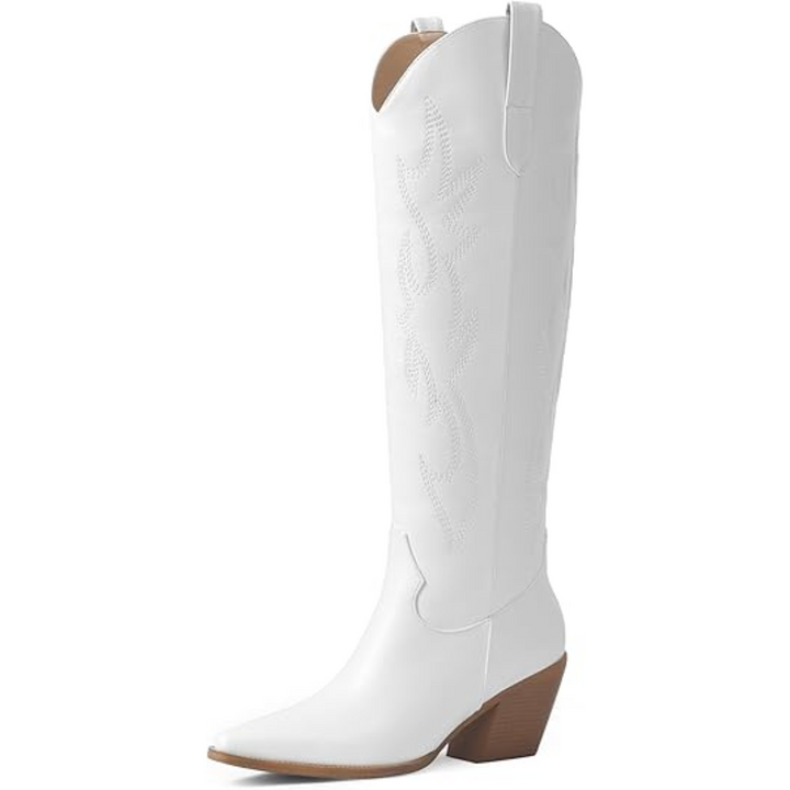 Side view of women's Mary knee-high cowboy boots, showing suede texture and western details