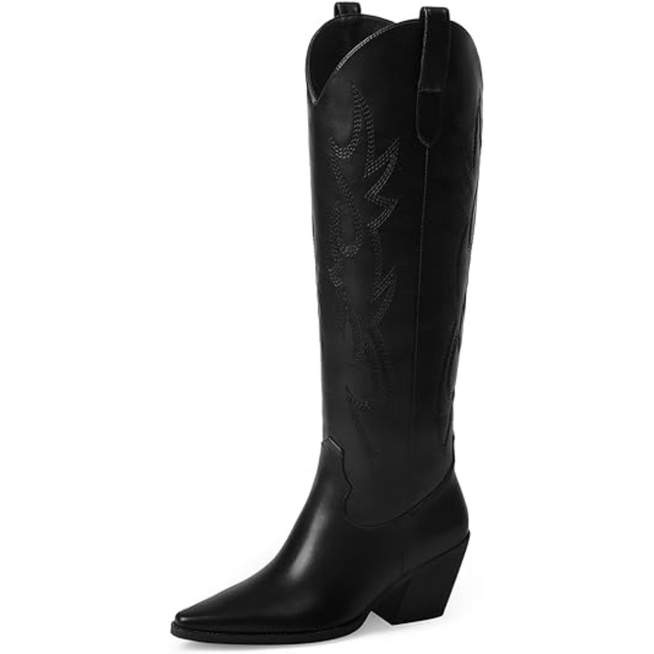 Women's embroidered knee-high cowboy boots in faux leather and suede, perfect for western outfits