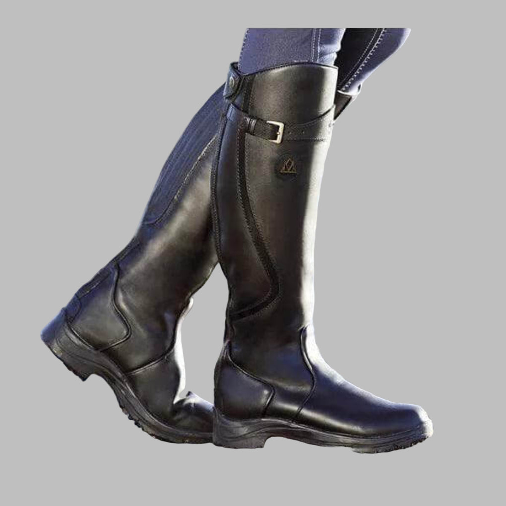 Stylish women's tall hiking boots with multiple buckles, durable for outdoor trails & chic fall fashion.