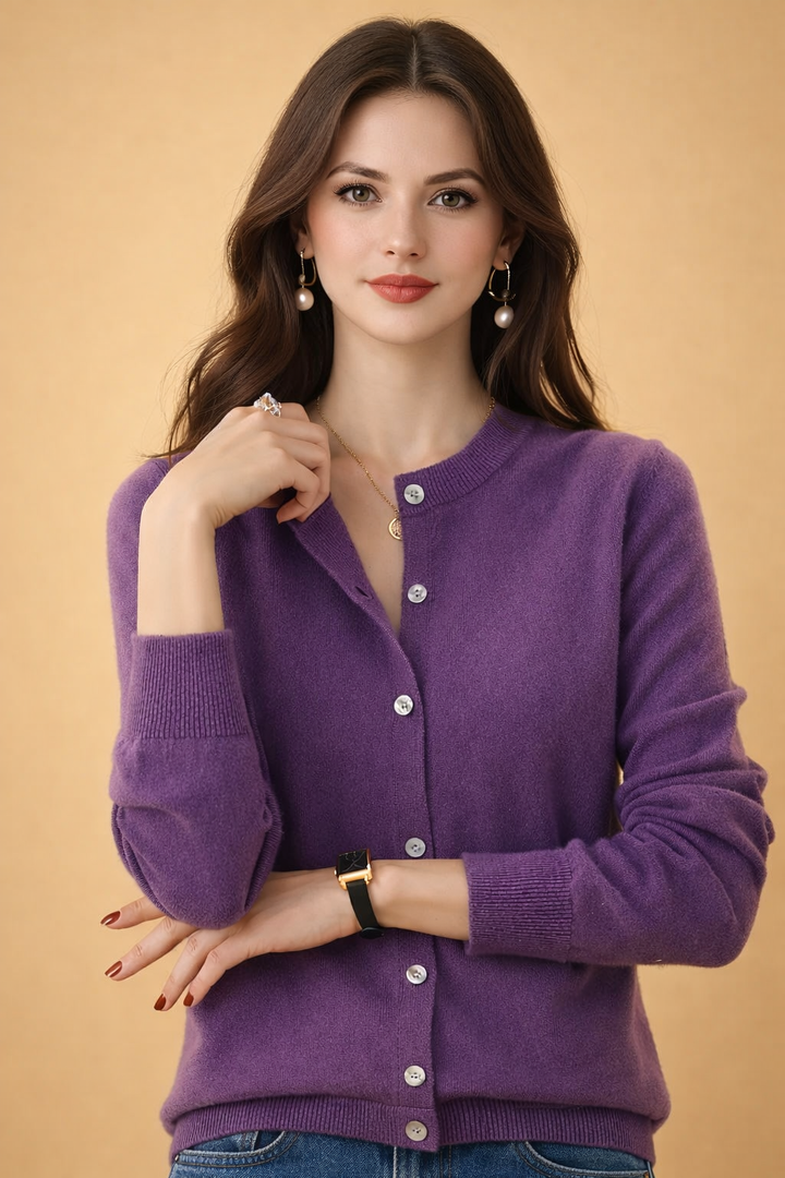 Classic women's button-front round neck cardigan, perfect for everyday wear and versatile layering outfits.