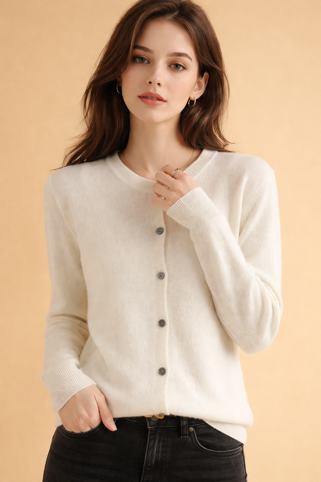 Stylish women's long sleeve knit cardigan with practical button-front and elegant round neck design.