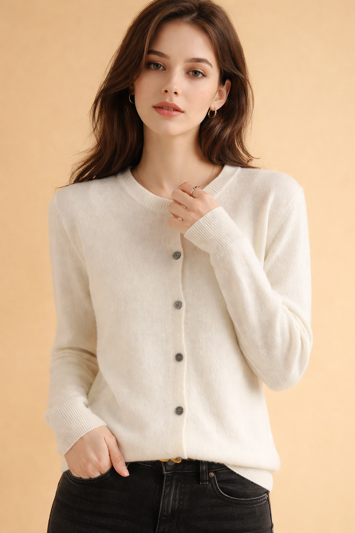 Stylish women's long sleeve knit cardigan with practical button-front and elegant round neck design.