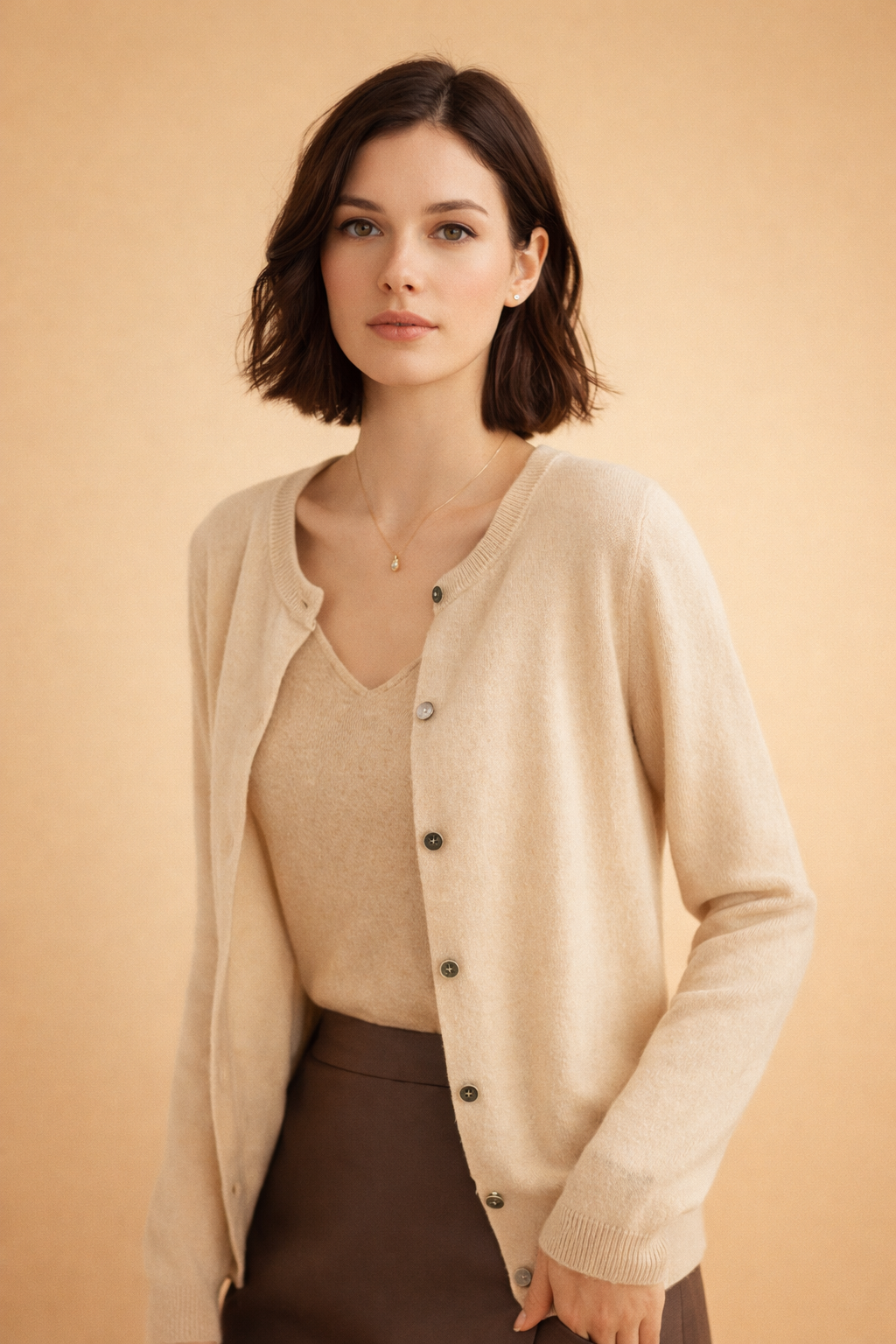 Versatile women's button-front cardigan, a round neck layering top for all seasons and fashion styles.