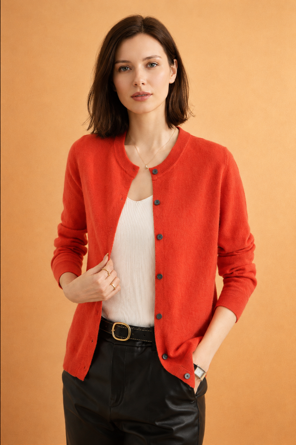 Comfortable women's knit cardigan, featuring a button-front, round neck, and long sleeves for easy wear.