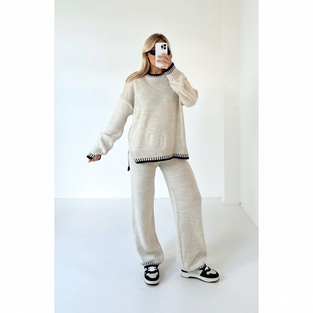 Stylish knit blend two-piece loungewear for women, comfortable winter wear