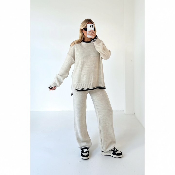 Stylish knit blend two-piece loungewear for women, comfortable winter wear