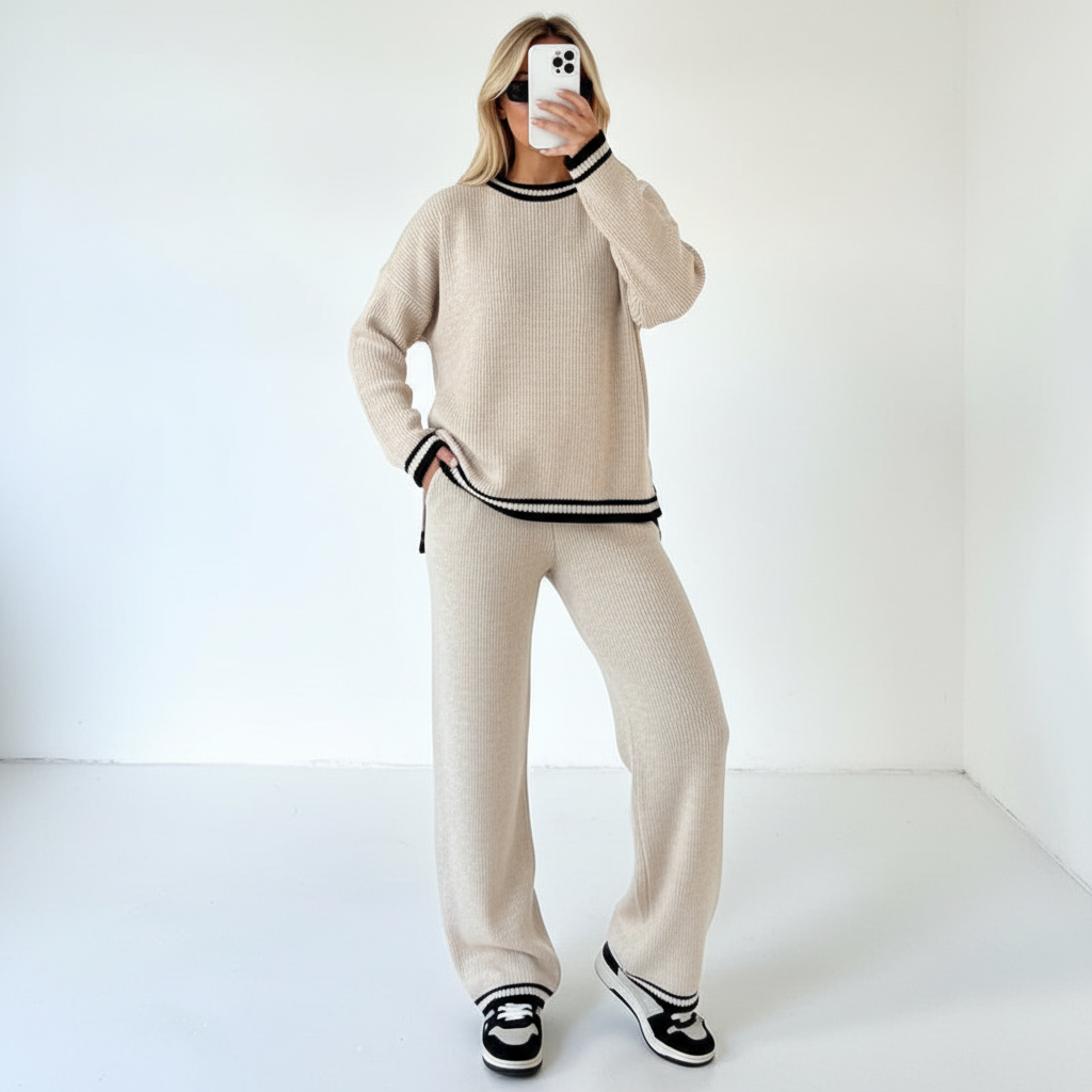 Matching knit two-piece set, comfortable women's apparel