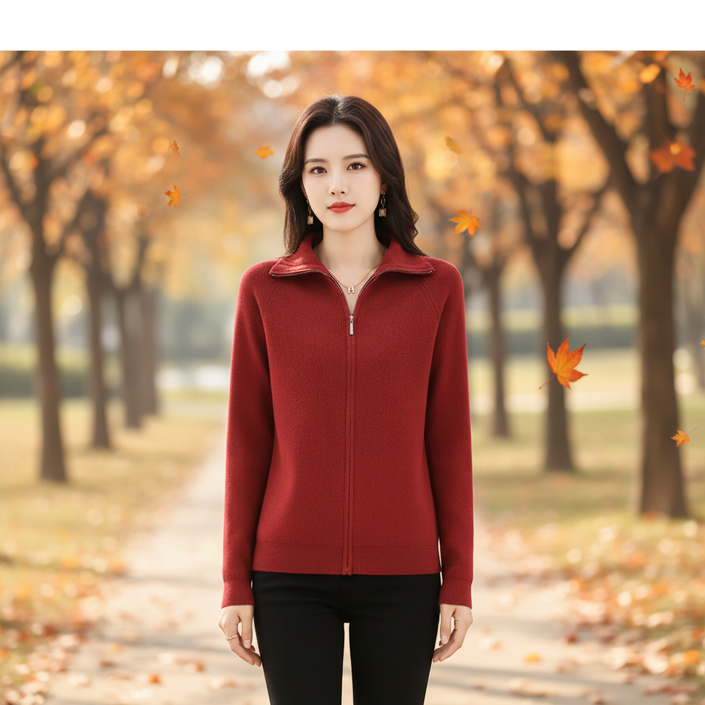 Women's knit wool blend vest with double zipper, offering elegant warmth for autumn fashion.