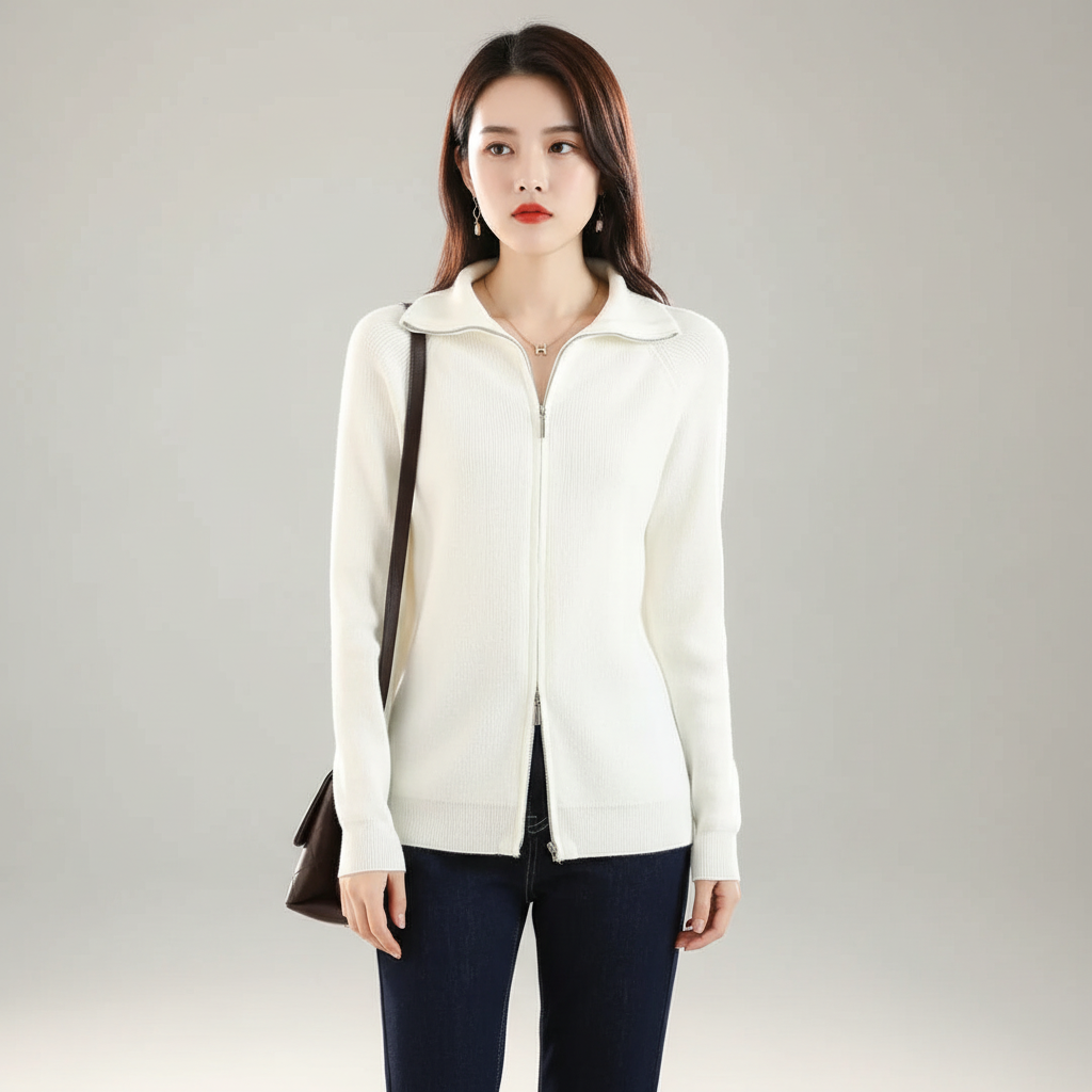 Chic women's wool blend knitwear vest with distinctive double zipper, excellent for layering.