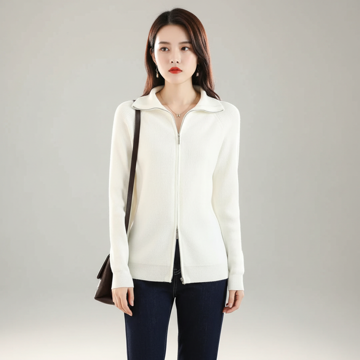 Chic women's wool blend knitwear vest with distinctive double zipper, excellent for layering.